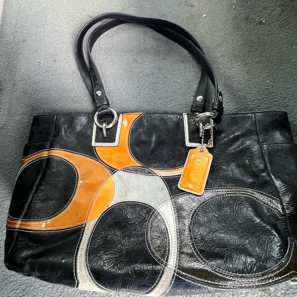Coach Black and Orange Leather Tote Bag